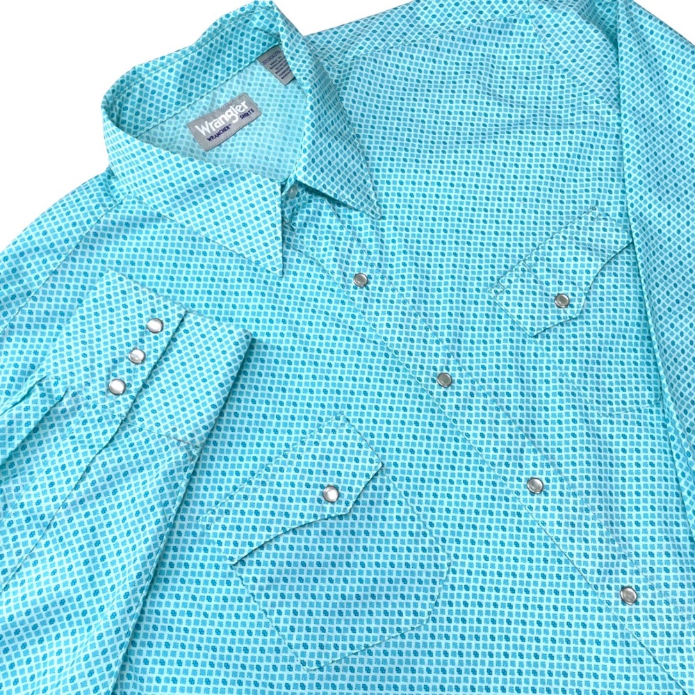 Wrangler Wrancher Mens 2XT Turquoise Geometric Pearl Snap Western Shirt Tall